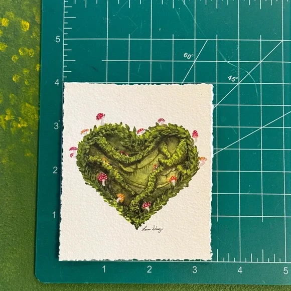 Original Green Heart Mushroom Forest Moss Nature Gouache art Mini fairycore - Picture 4 of 7